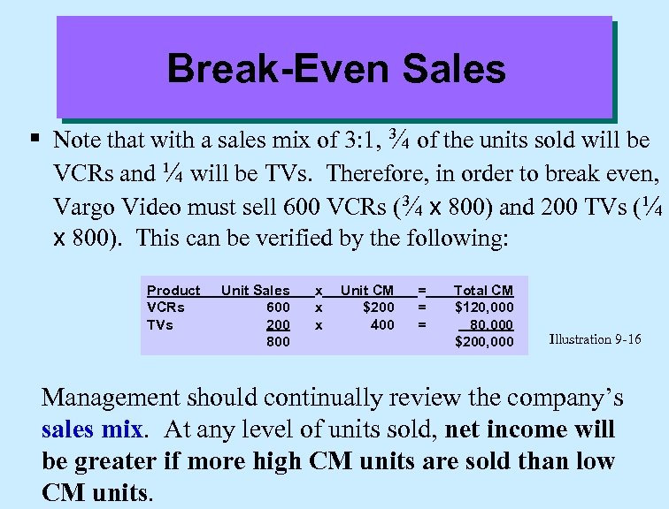 Break-Even Sales § Note that with a sales mix of 3: 1, ¾ of