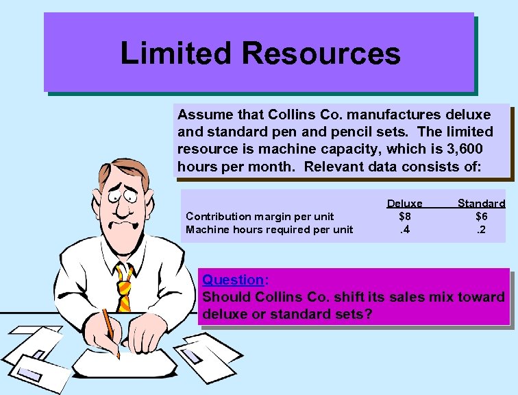 Limited Resources Assume that Collins Co. manufactures deluxe and standard pen and pencil sets.