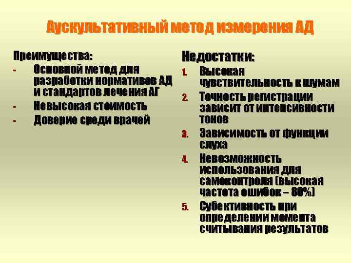 Аускультативный метод измерения АД Преимущества: Недостатки: Основной метод для 1. Высокая разработки нормативов АД