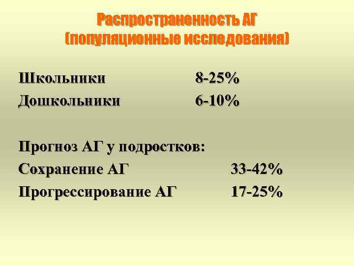 Распространенность АГ (популяционные исследования) Школьники Дошкольники 8 -25% 6 -10% Прогноз АГ у подростков: