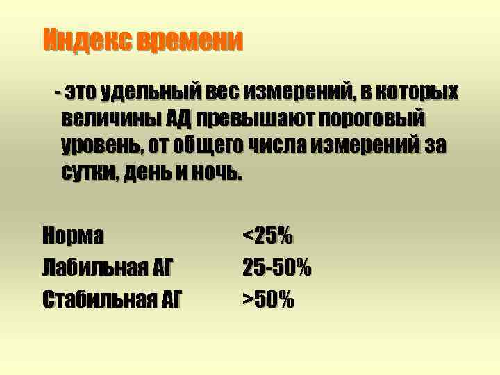 Индекс времени - это удельный вес измерений, в которых величины АД превышают пороговый уровень,