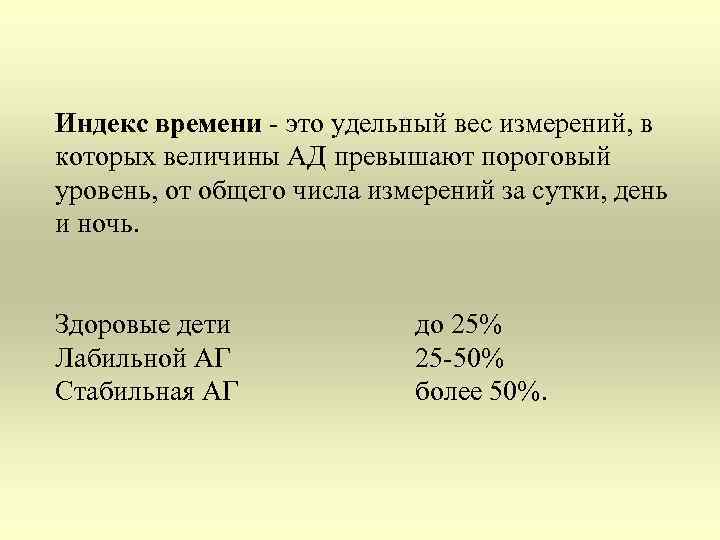 Индекс времени - это удельный вес измерений, в которых величины АД превышают пороговый уровень,