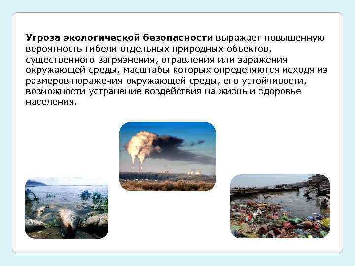 Угроза экологической безопасности выражает повышенную вероятность гибели отдельных природных объектов, существенного загрязнения, отравления или