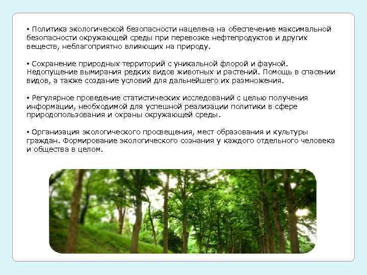  • Политика экологической безопасности нацелена на обеспечение максимальной безопасности окружающей среды при перевозке