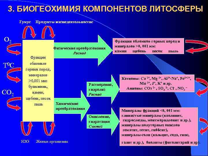 3. БИОГЕОХИМИЯ КОМПОНЕНТОВ ЛИТОСФЕРЫ Гумус Продукты жизнедеятельностис О 2 Физические преобразования Распад Т 0