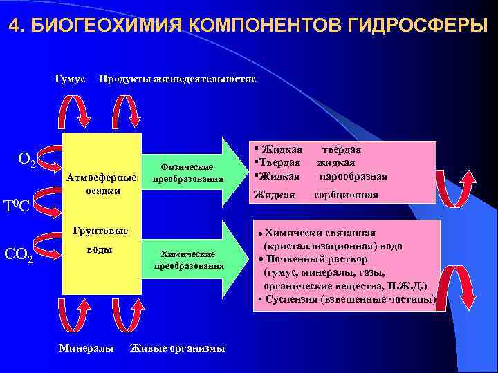4. БИОГЕОХИМИЯ КОМПОНЕНТОВ ГИДРОСФЕРЫ Гумус Продукты жизнедеятельностис О 2 Т 0 С СО 2