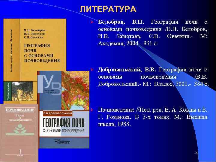 ЛИТЕРАТУРА Ø Белобров, В. П. География почв с основами почвоведения /В. П. Белобров, И.