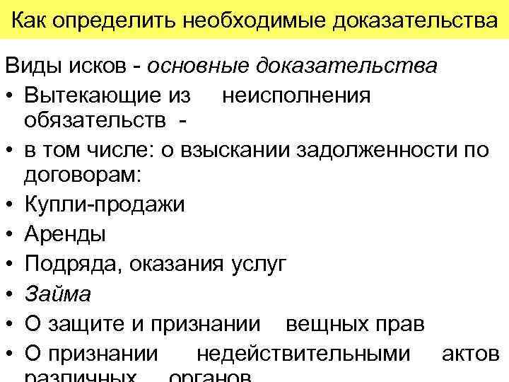 Как определить необходимые доказательства Виды исков - основные доказательства • Вытекающие из неисполнения обязательств