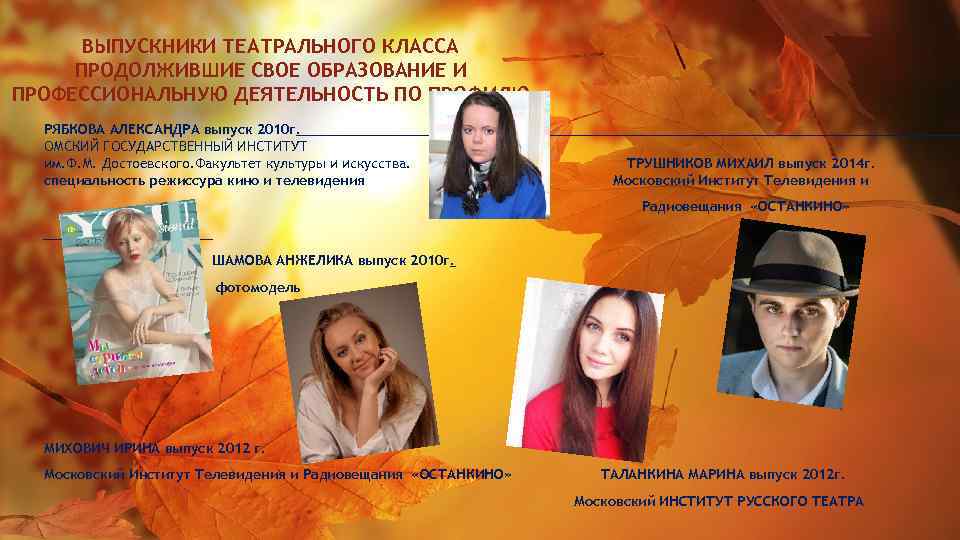 ВЫПУСКНИКИ ТЕАТРАЛЬНОГО КЛАССА ПРОДОЛЖИВШИЕ СВОЕ ОБРАЗОВАНИЕ И ПРОФЕССИОНАЛЬНУЮ ДЕЯТЕЛЬНОСТЬ ПО ПРОФИЛЮ РЯБКОВА АЛЕКСАНДРА выпуск