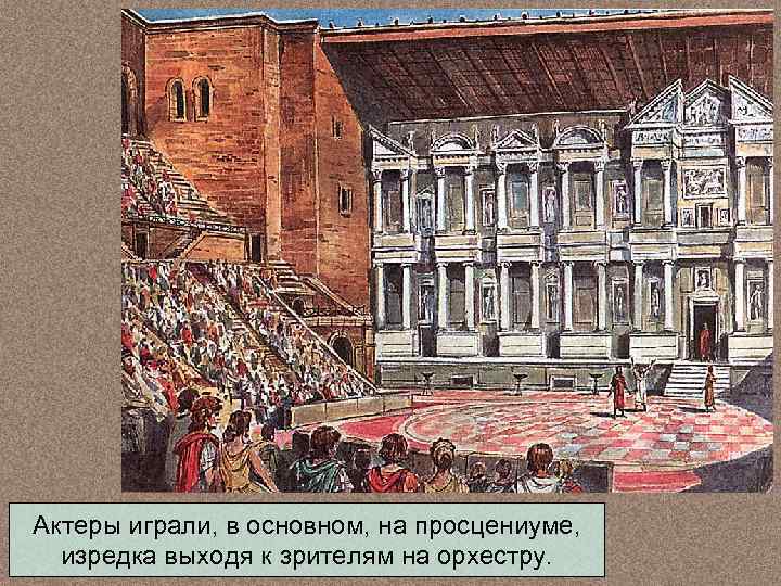 Актеры играли, в основном, на просцениуме, изредка выходя к зрителям на орхестру. 