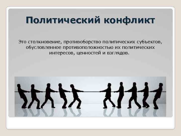 Политический конфликт Это столкновение, противоборство политических субъектов, обусловленное противоположностью их политических интересов, ценностей и
