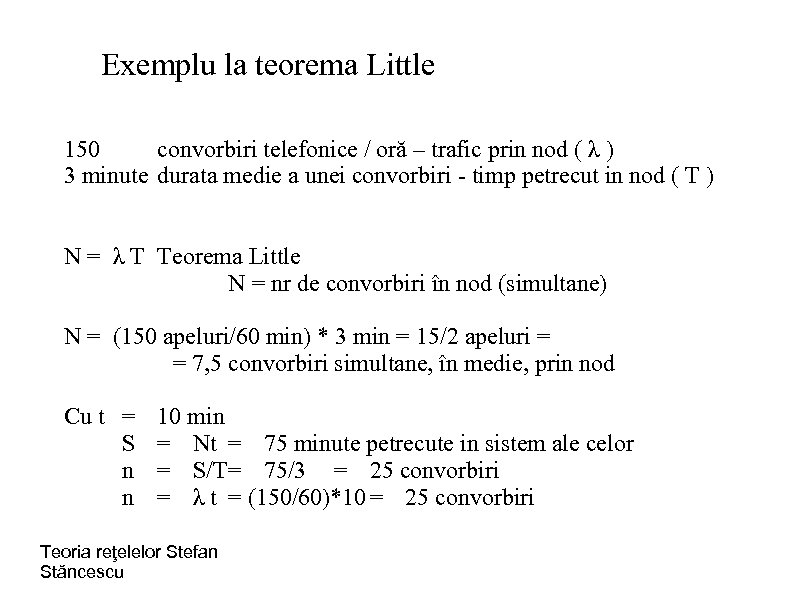 Exemplu la teorema Little 150 convorbiri telefonice / oră – trafic prin nod (