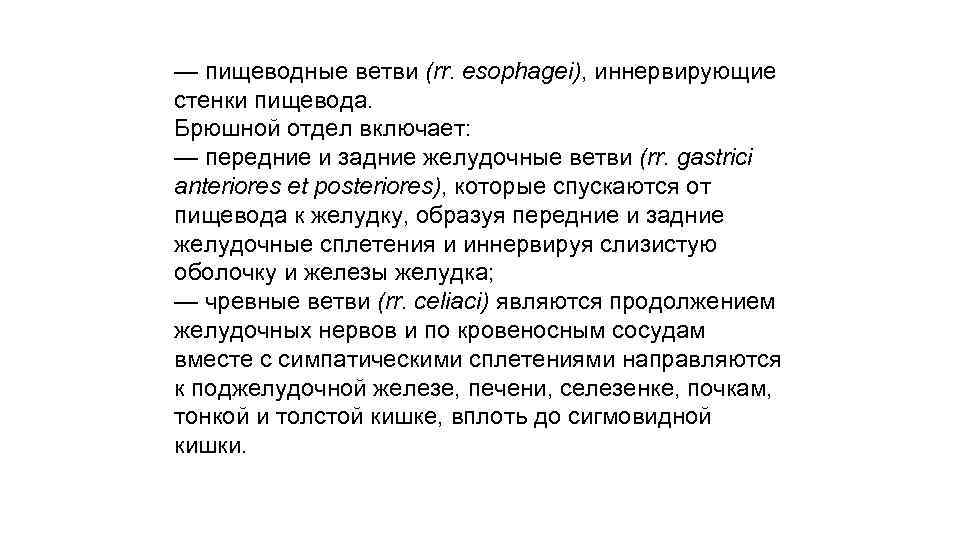 — пищеводные ветви (rr. esophagei), иннервирующие стенки пищевода. Брюшной отдел включает: — передние и