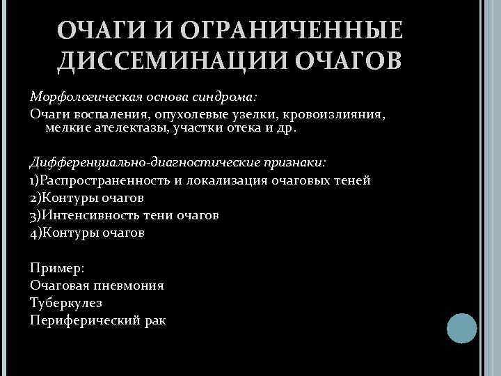 ОЧАГИ И ОГРАНИЧЕННЫЕ ДИССЕМИНАЦИИ ОЧАГОВ Морфологическая основа синдрома: Очаги воспаления, опухолевые узелки, кровоизлияния, мелкие