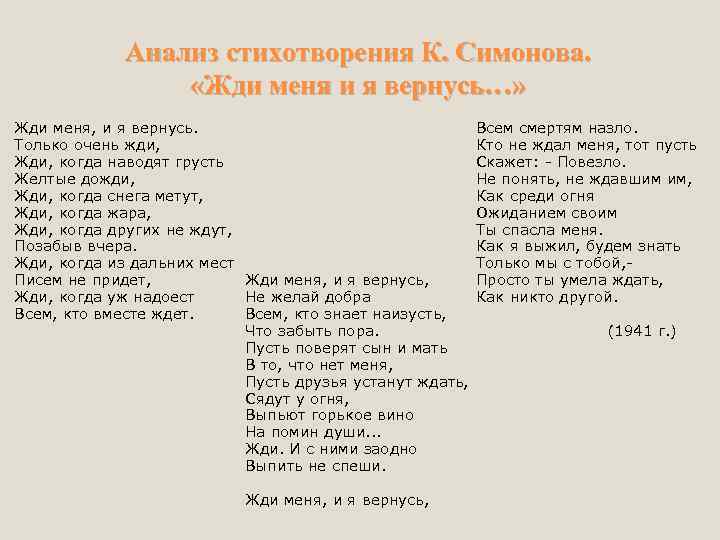 Анализ стихотворения К. Симонова. «Жди меня и я вернусь…» Жди меня, и я вернусь.