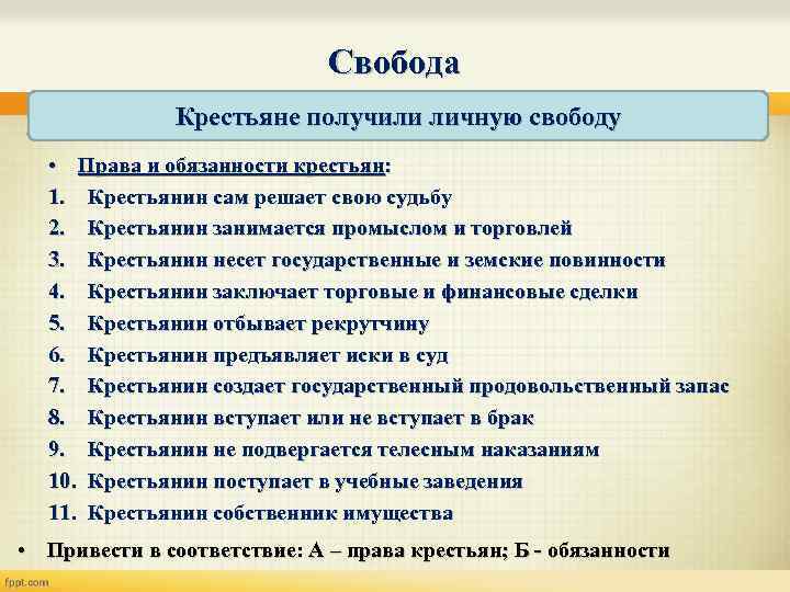 Свобода Крестьяне получили личную свободу • Права и обязанности крестьян: 1. Крестьянин сам решает