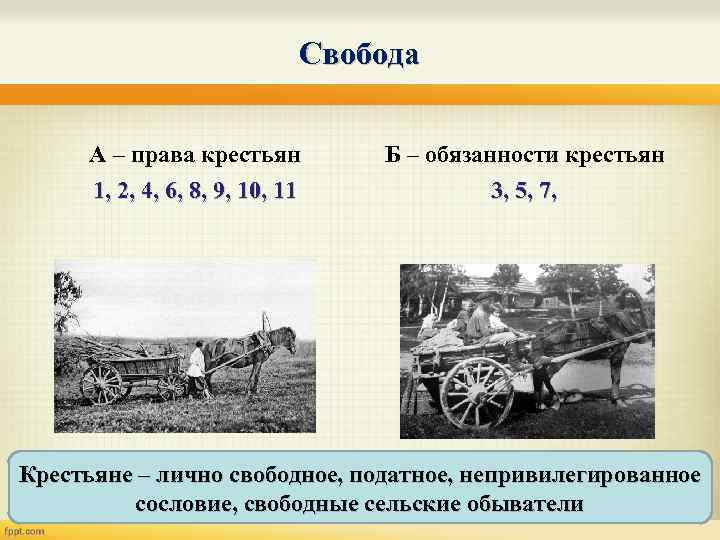 Свобода А – права крестьян Б – обязанности крестьян 1, 2, 4, 6, 8,