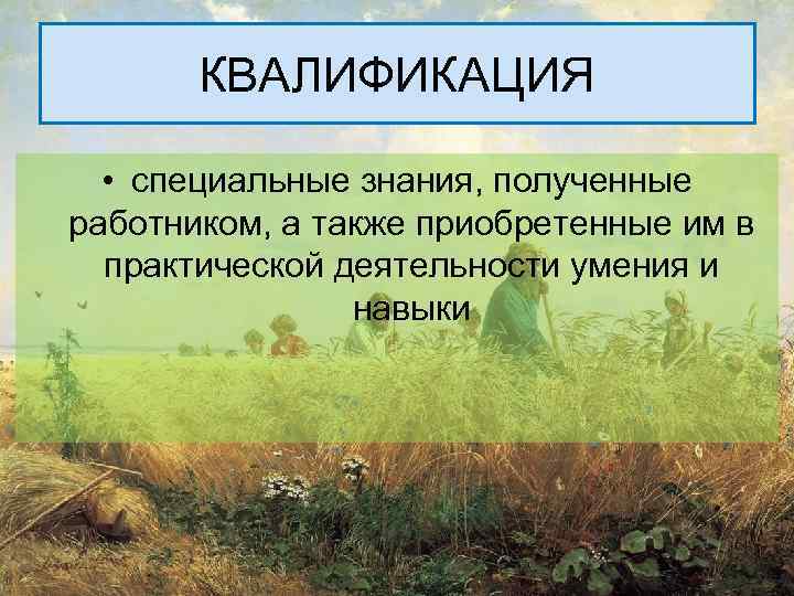 КВАЛИФИКАЦИЯ • специальные знания, полученные работником, а также приобретенные им в практической деятельности умения