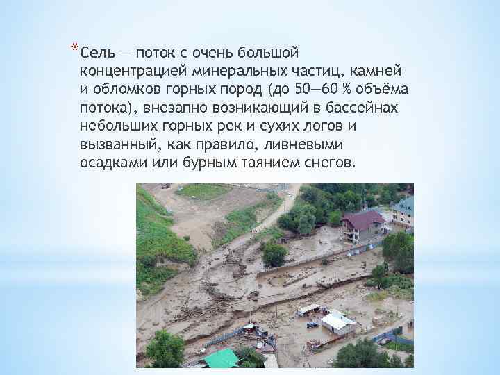 *Сель — поток с очень большой концентрацией минеральных частиц, камней и обломков горных пород