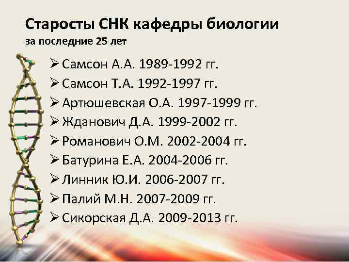Старосты СНК кафедры биологии за последние 25 лет Ø Самсон А. А. 1989 -1992