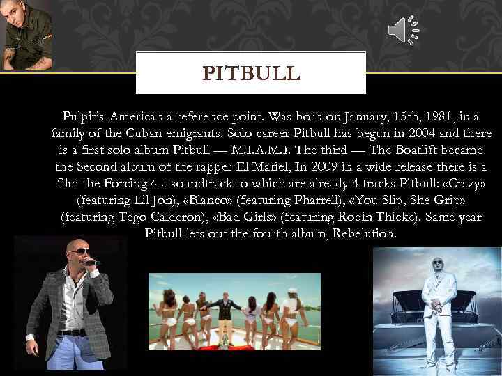 PITBULL Pulpitis-American a reference point. Was born on January, 15 th, 1981, in a