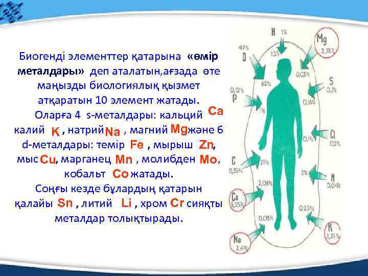 Биогенді элементтер қатарына «өмір металдары» деп аталатын, ағзада өте маңызды биологиялық қызмет атқаратын 10