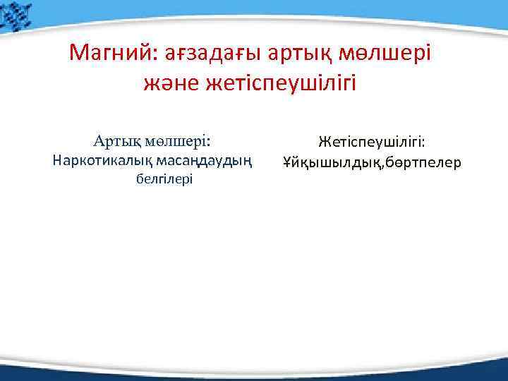 Магний: ағзадағы артық мөлшері және жетіспеушілігі Артық мөлшері: Наркотикалық масаңдаудың белгілері Жетіспеушілігі: Ұйқышылдық, бөртпелер