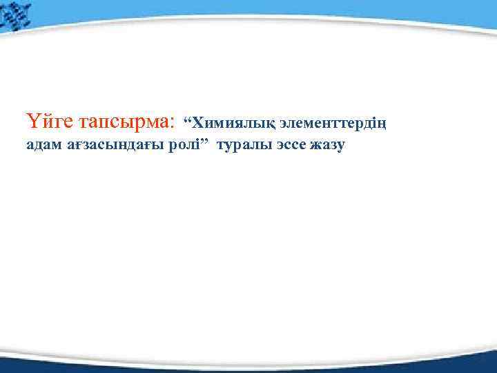 Үйге тапсырма: “Химиялық элементтердің адам ағзасындағы ролі” туралы эссе жазу 