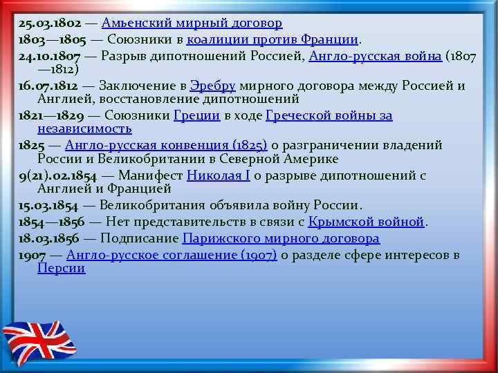 25. 03. 1802 — Амьенский мирный договор 1803— 1805 — Союзники в коалиции против