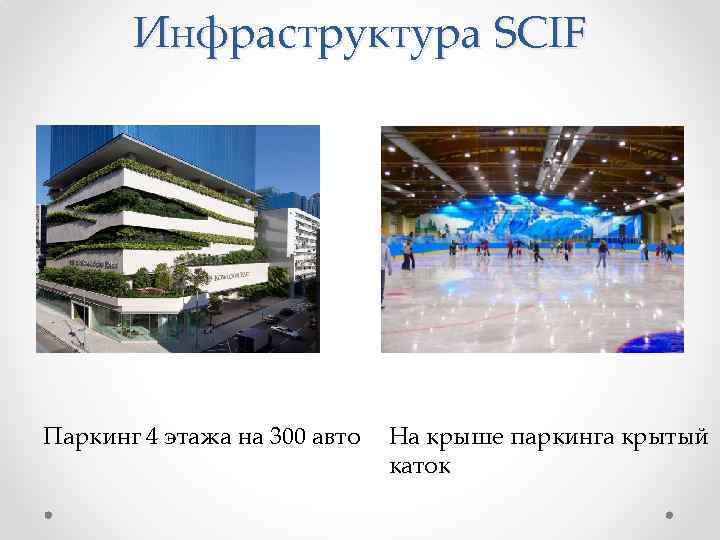 Инфраструктура SCIF Паркинг 4 этажа на 300 авто На крыше паркинга крытый каток 