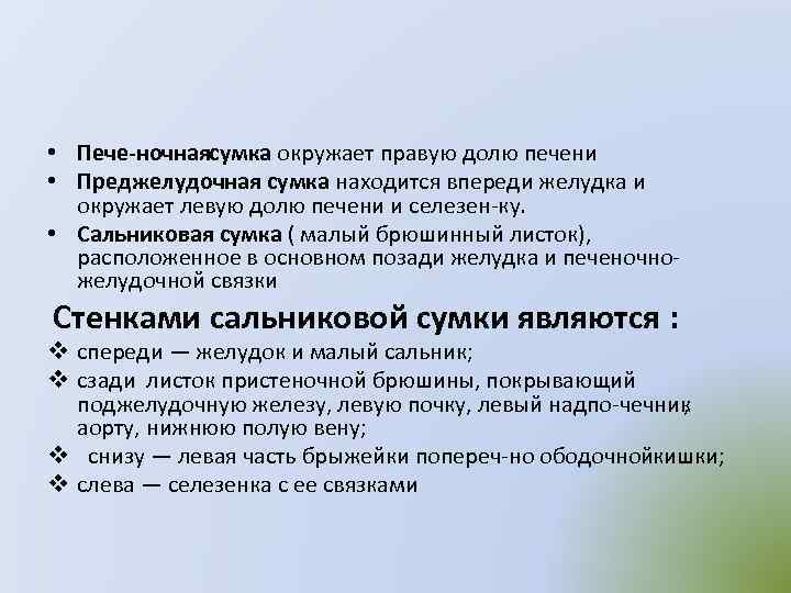  • Пече ночная умка окружает правую долю печени с • Преджелудочная сумка находится