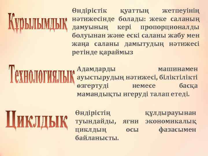 Өндірістік қуаттың жетпеуінің нәтижесінде болады: жеке саланың дамуының кері пропорционалды болуынан және ескі саланы