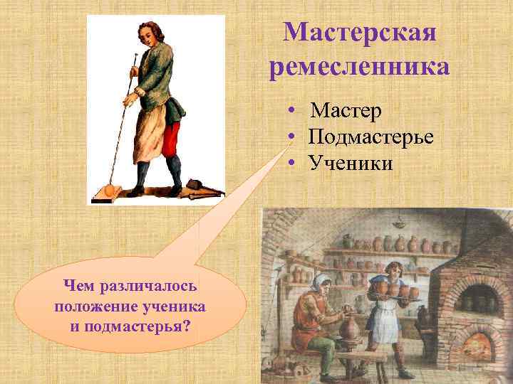 Мастерская ремесленника • Мастер • Подмастерье • Ученики Чем различалось положение ученика и подмастерья?