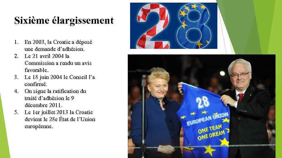 Sixième élargissement 1. 2. 3. 4. 5. En 2003, la Croatie a déposé une
