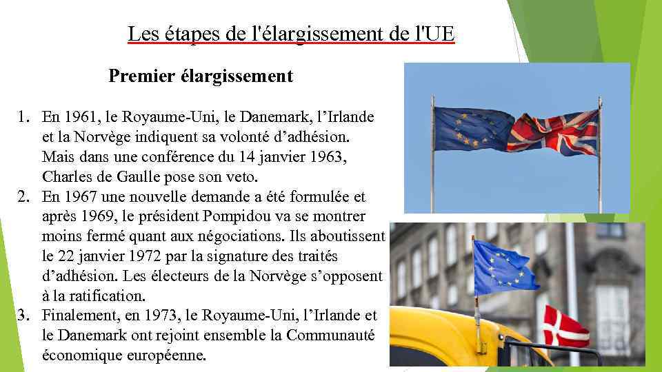 Les étapes de l'élargissement de l'UE Premier élargissement 1. En 1961, le Royaume-Uni, le