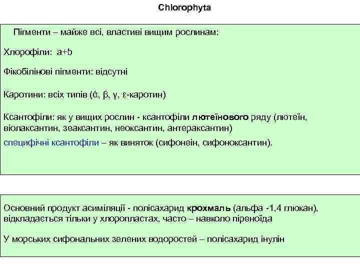 Chlorophyta Пігменти – майже всі, властиві вищим рослинам: Хлорофіли: а+b Фікобілінові пігменти: відсутні Каротини: