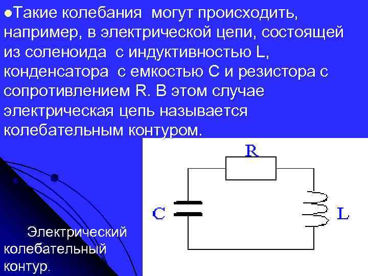 l. Такие колебания могут происходить, например, в электрической цепи, состоящей из соленоида с индуктивностью