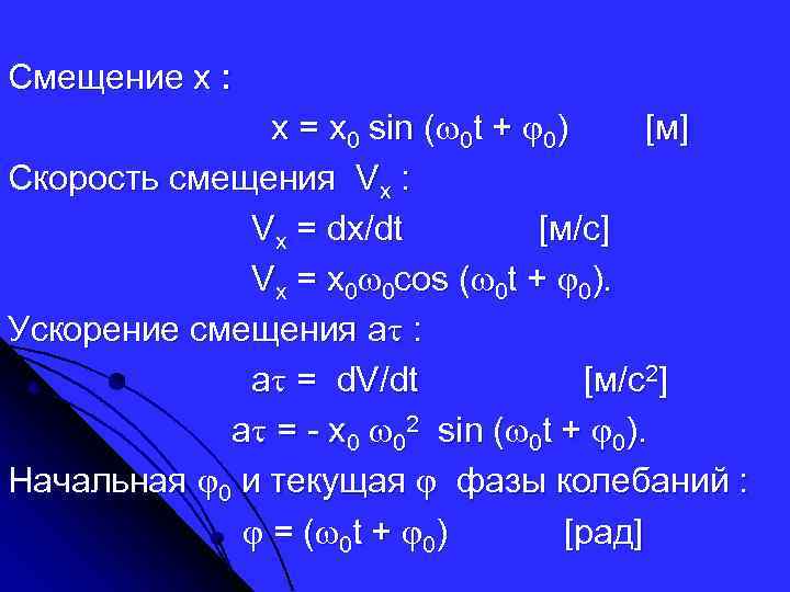 Смещение х : x = х0 sin ( 0 t + 0) [м] Скорость