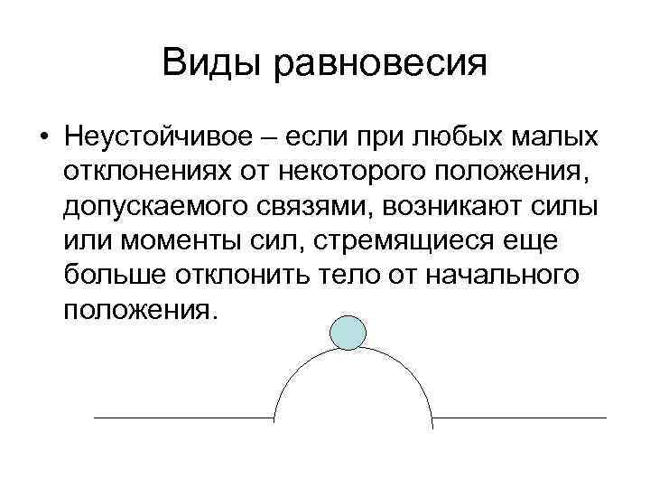 Виды равновесия • Неустойчивое – если при любых малых отклонениях от некоторого положения, допускаемого