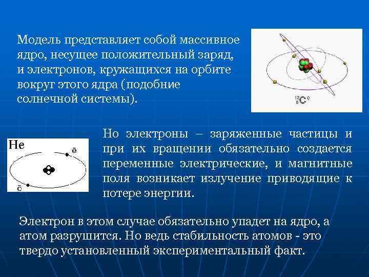Модель представляет собой массивное ядро, несущее положительный заряд, и электронов, кружащихся на орбите вокруг