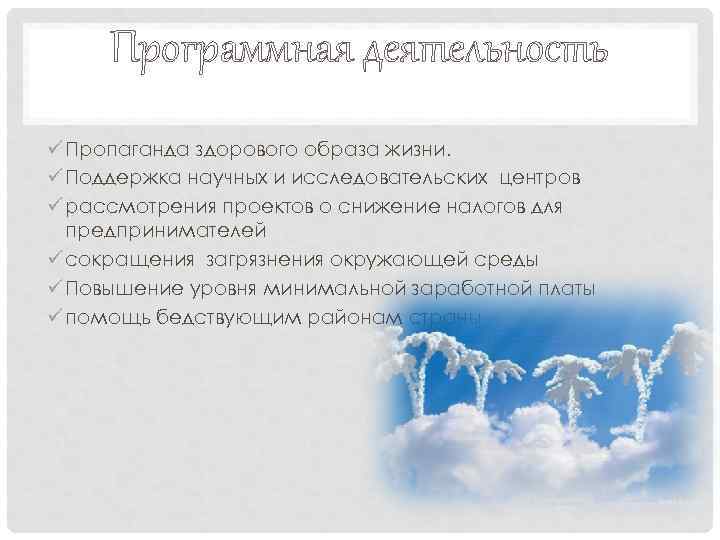 Программная деятельность ü Пропаганда здорового образа жизни. ü Поддержка научных и исследовательских центров ü