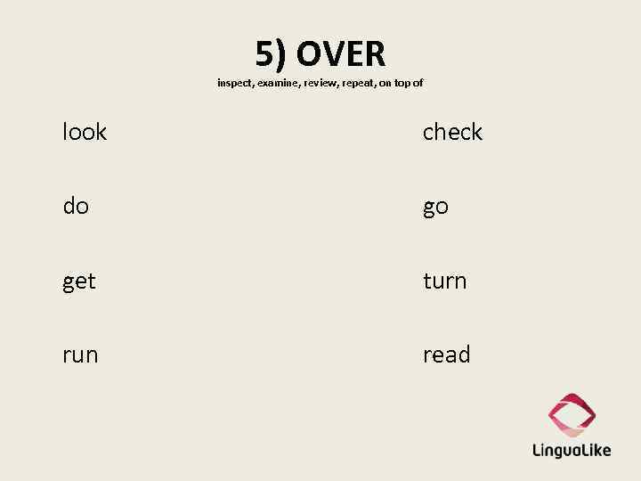 5) OVER inspect, examine, review, repeat, on top of look check do go get