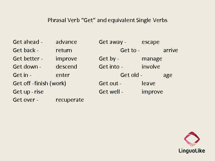 Phrasal Verb “Get“ and equivalent Single Verbs Get ahead advance Get back return Get