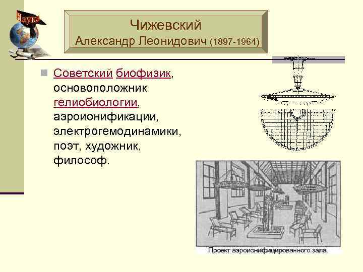 Чижевский Александр Леонидович (1897 -1964) n Советский биофизик, основоположник гелиобиологии, аэроионификации, электрогемодинамики, поэт, художник,