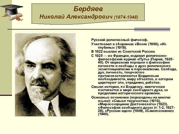 Бердяев Николай Александрович (1874 -1948) Русский религиозный философ. Участвовал в сборниках «Вехи» (1909), «Из