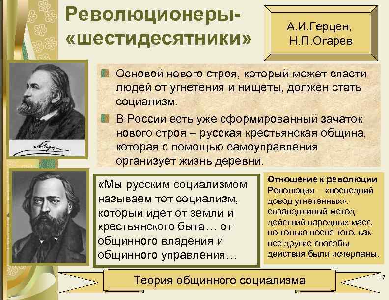 Революционеры «шестидесятники» А. И. Герцен, Н. П. Огарев Основой нового строя, который может спасти