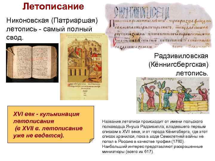 Летописание Никоновская (Патриаршая) летопись - самый полный свод. Радзивиловская (Кённигсбергская) летопись. XVI век -