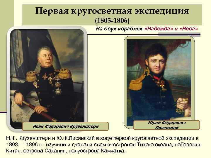 Первая кругосветная экспедиция (1803 -1806) На двух кораблях «Надежда» и «Нева» Иван Фёдорович Крузенштерн