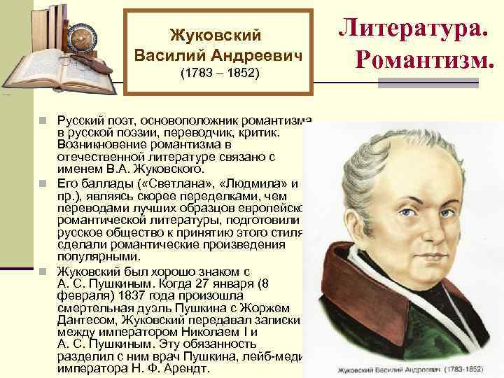 Жуковский Василий Андреевич (1783 – 1852) n Русский поэт, основоположник романтизма в русской поэзии,