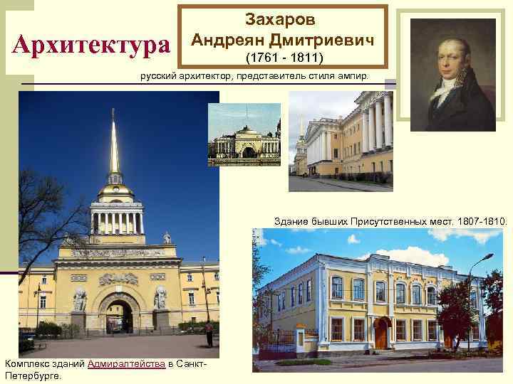 Архитектура Захаров Андреян Дмитриевич (1761 - 1811) русский архитектор, представитель стиля ампир. Здание бывших